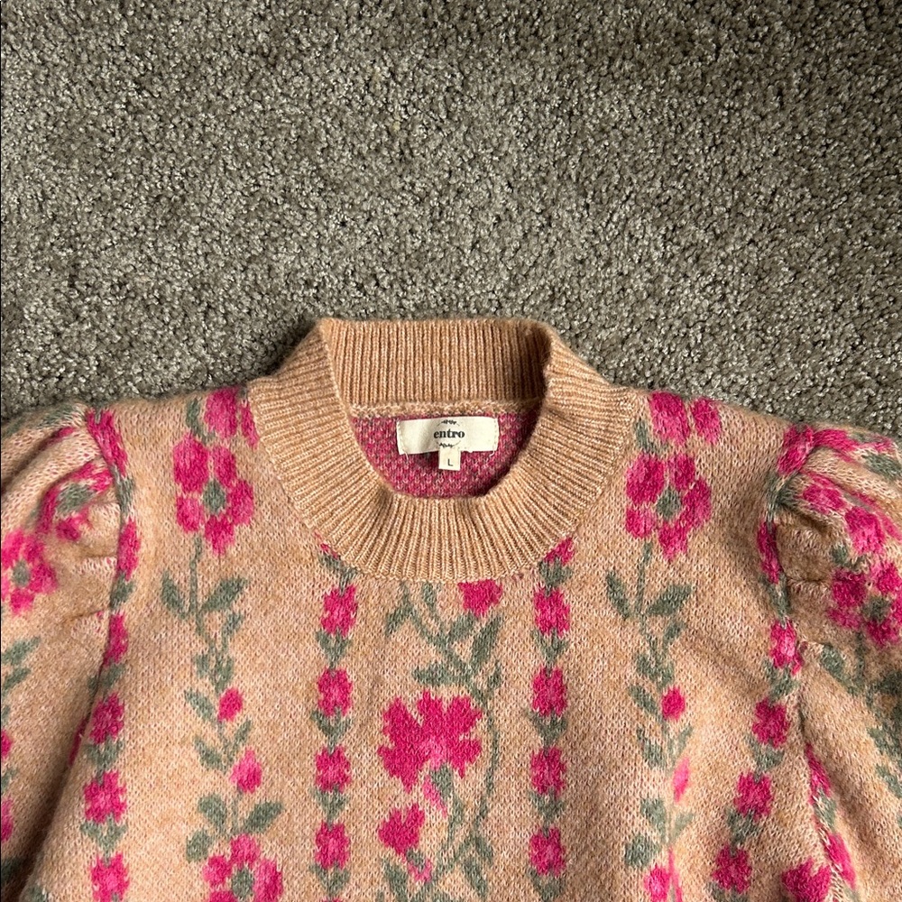 Charming Floral Knit Sweater - Pink and Tan - Picture 3 of 3